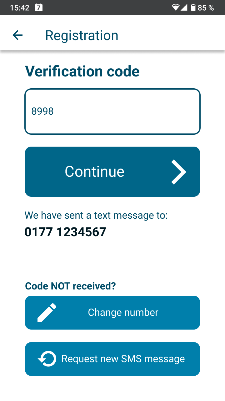 App screen for entering the verification code