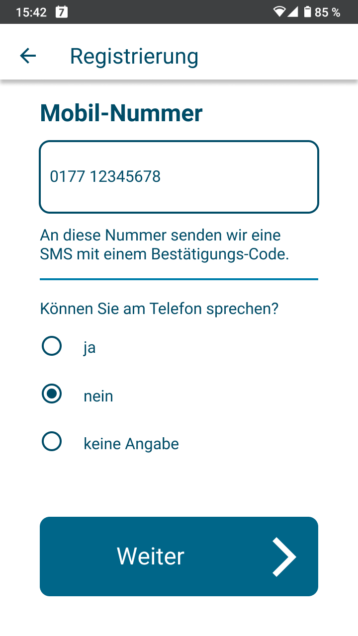 App-Screen zur Eingabe der Mobil-Nummer in der Registrierung