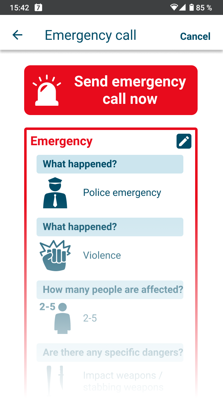 App screen with summary of your emergency and button for sending the emergency call now