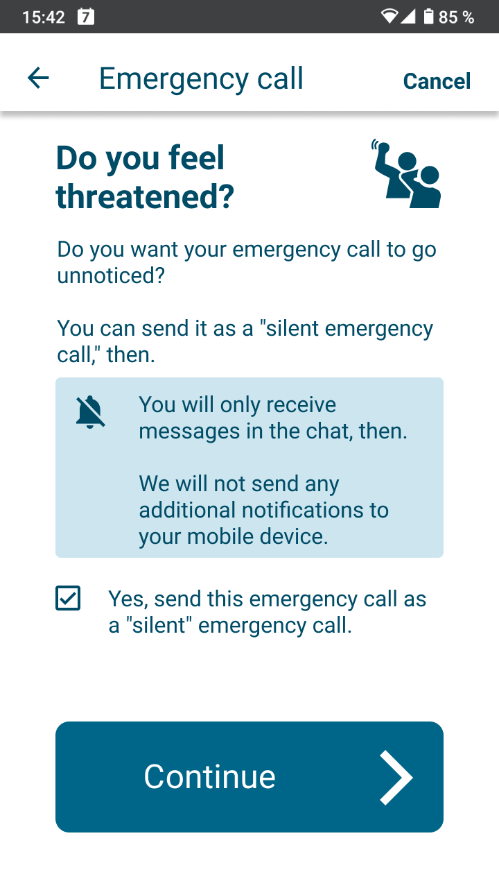 App screen for choosing a silent emergency call in situations where you feel threatened