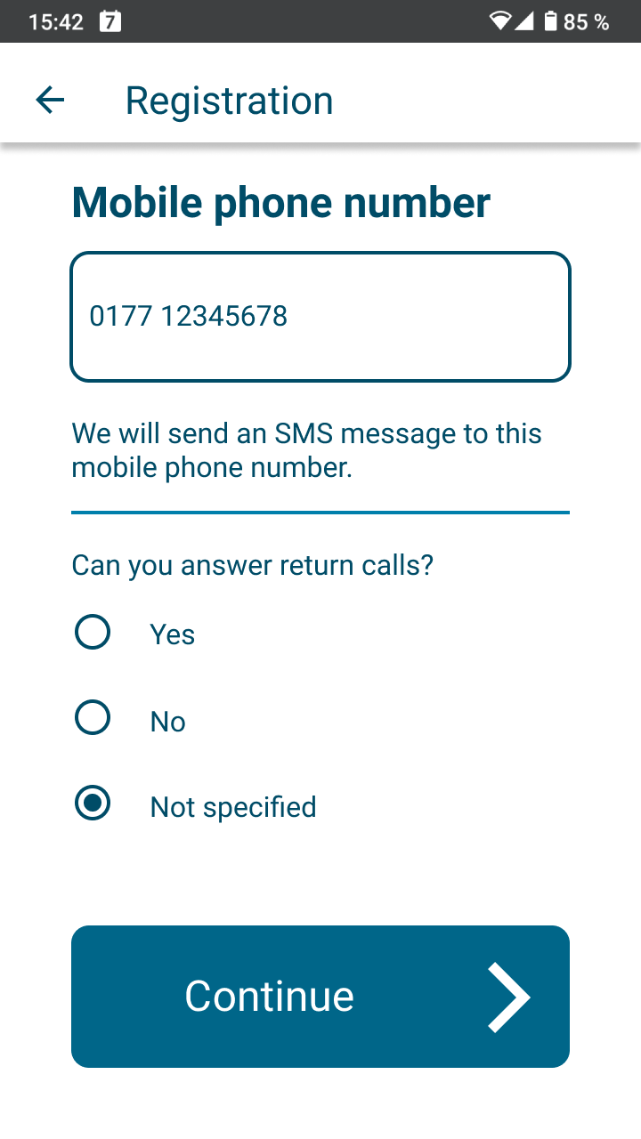 App screen for entering the mobile phone number and information on answering return calls