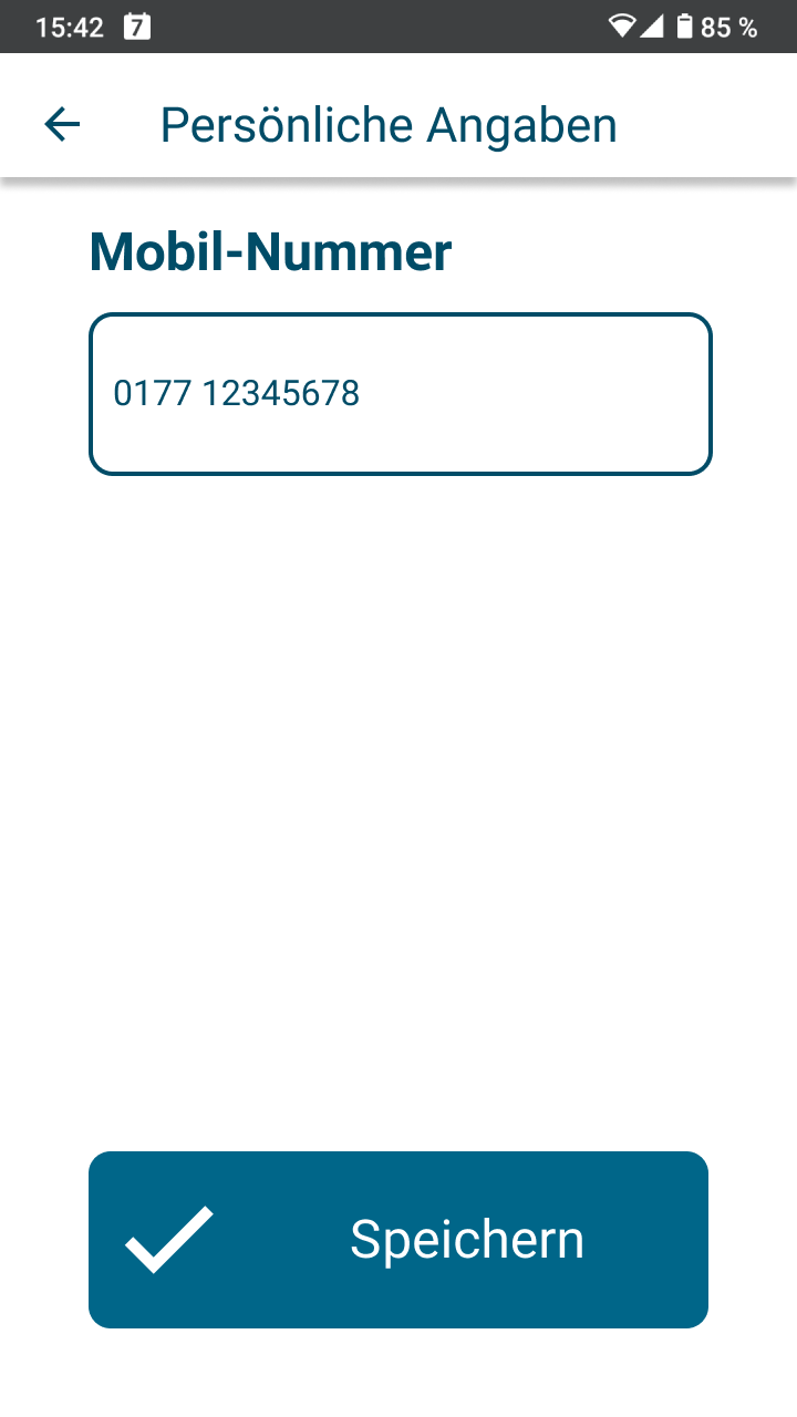 App-Screen zur Bearbeitung der Mobil-Nummer in den Persönlichen Angaben