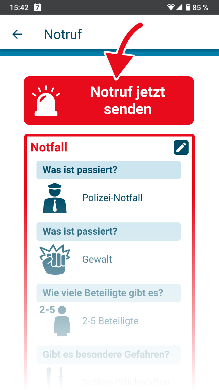 Auf diesem Bildschirm sehen Sie den Button: Notruf jetzt senden. Und Ihre Angaben zum Notfall.