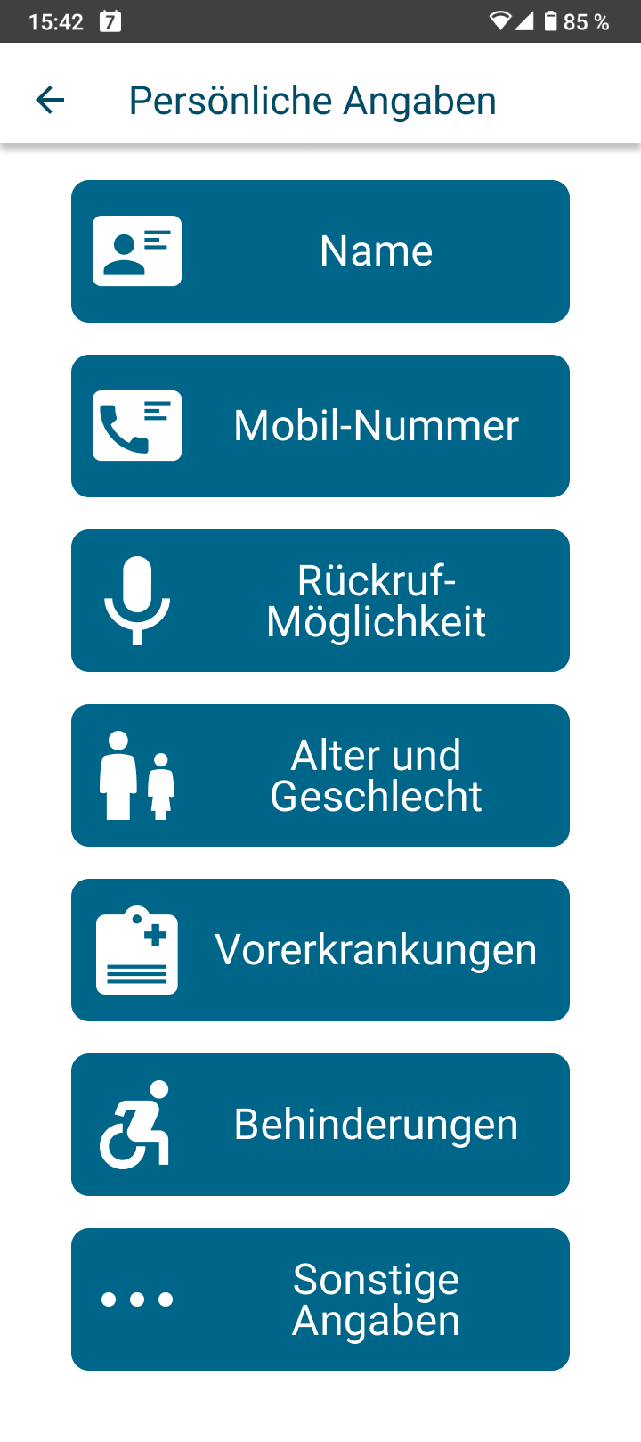 Auf diesem Bildschirm sehen Sie die Buttons für die Persönlichen Angaben.