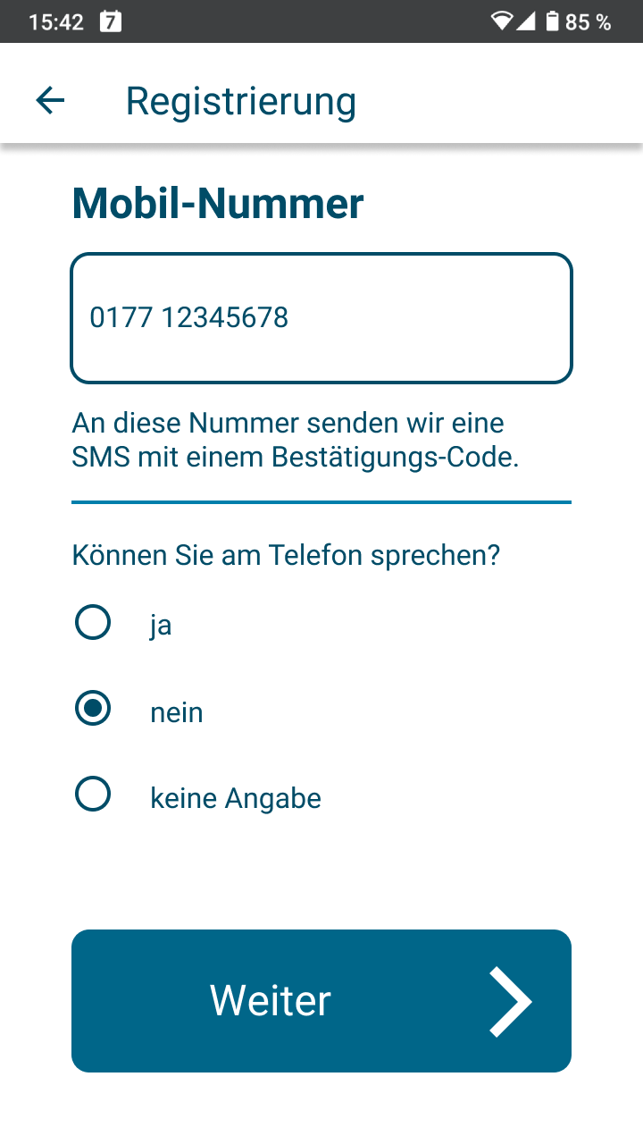 Auf diesem Bildschirm sehen Sie das Feld: Mobil-Nummer