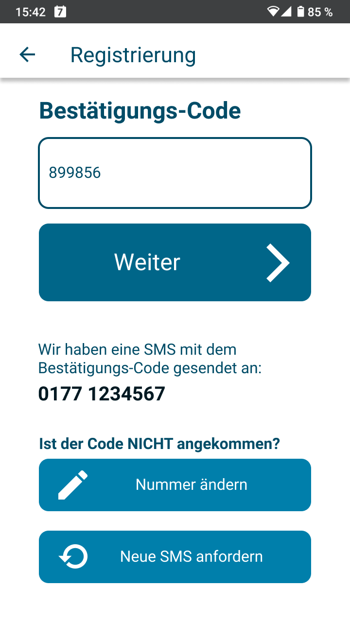 App-Screen zur Eingabe des Bestätigungs-Codes in der Registrierung
