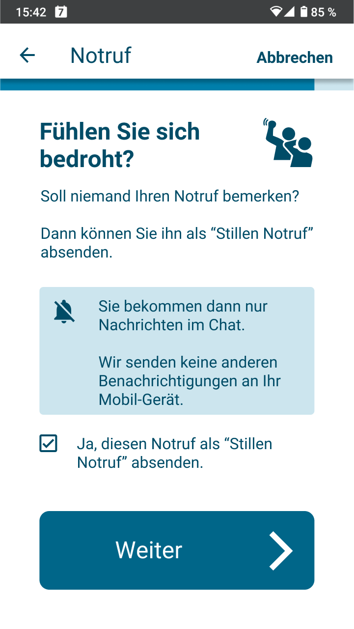 App-Screen zum Stillen Notruf: Fühlen Sie sich bedroht?