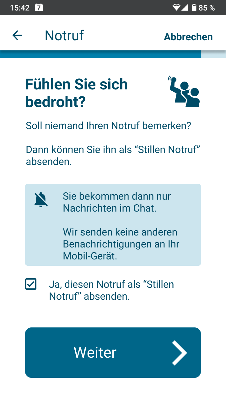 Auf diesem Bildschirm können Sie anklicken: Ja, diesen Notruf als Stillen Notruf absenden.