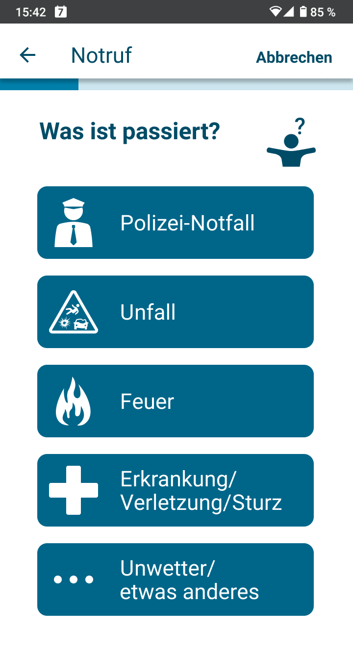 App-Screen mit der Abfrage der Notfall-Details