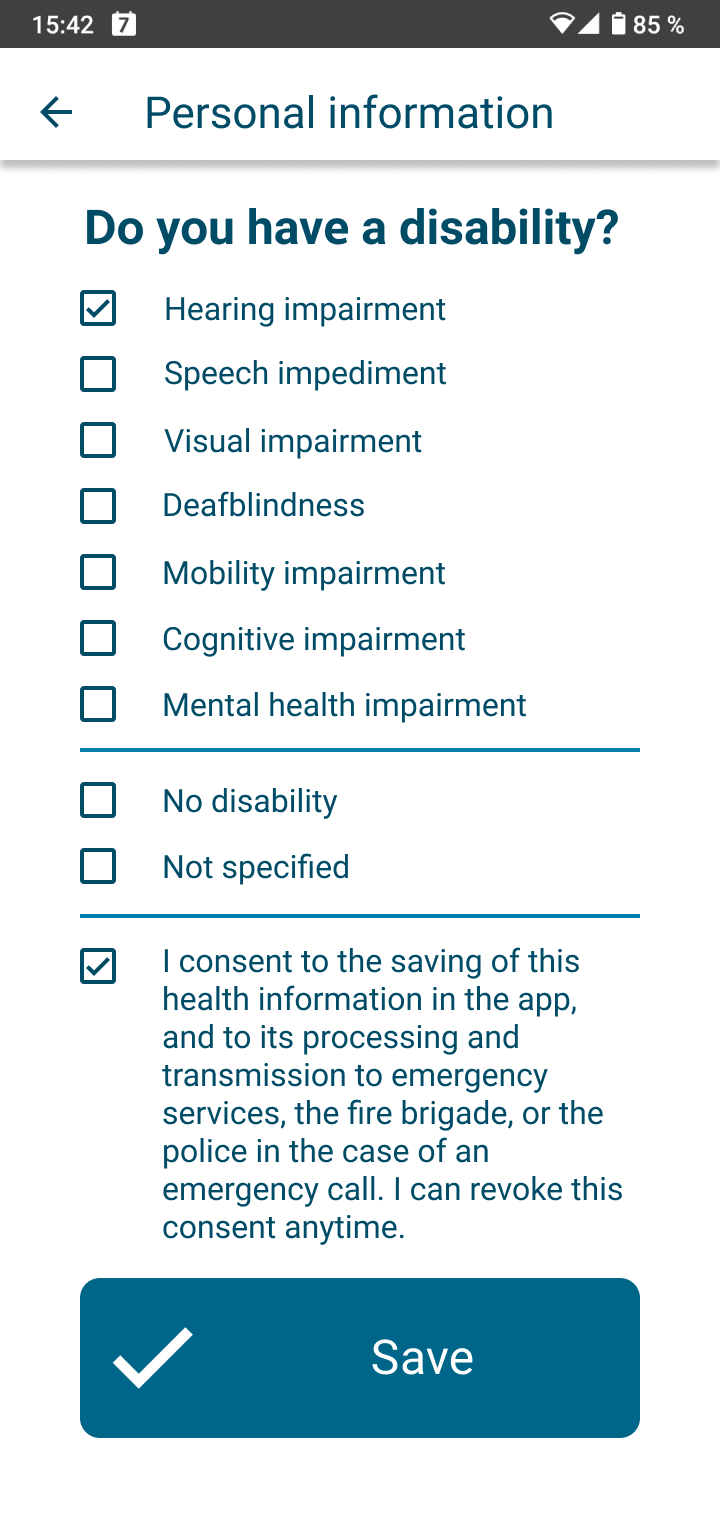 App screen for entering disabilities in the personal information