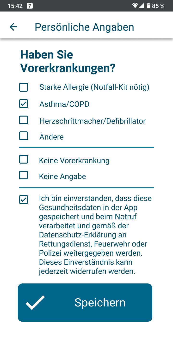 App-Screen zur Angabe von Vorerkrankungen in den Persönlichen Angaben