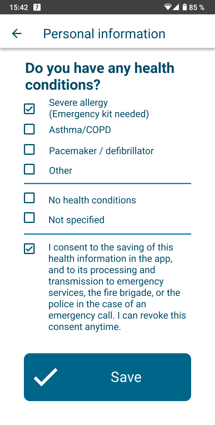 App screen for entering health conditions in the personal information