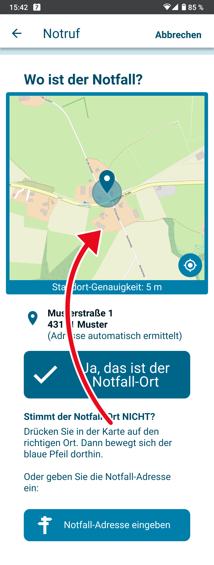 Auf diesem Bildschirm sehen Sie eine Karte und eine Adresse. Das ist der Stand-Ort von Ihrem Handy. 