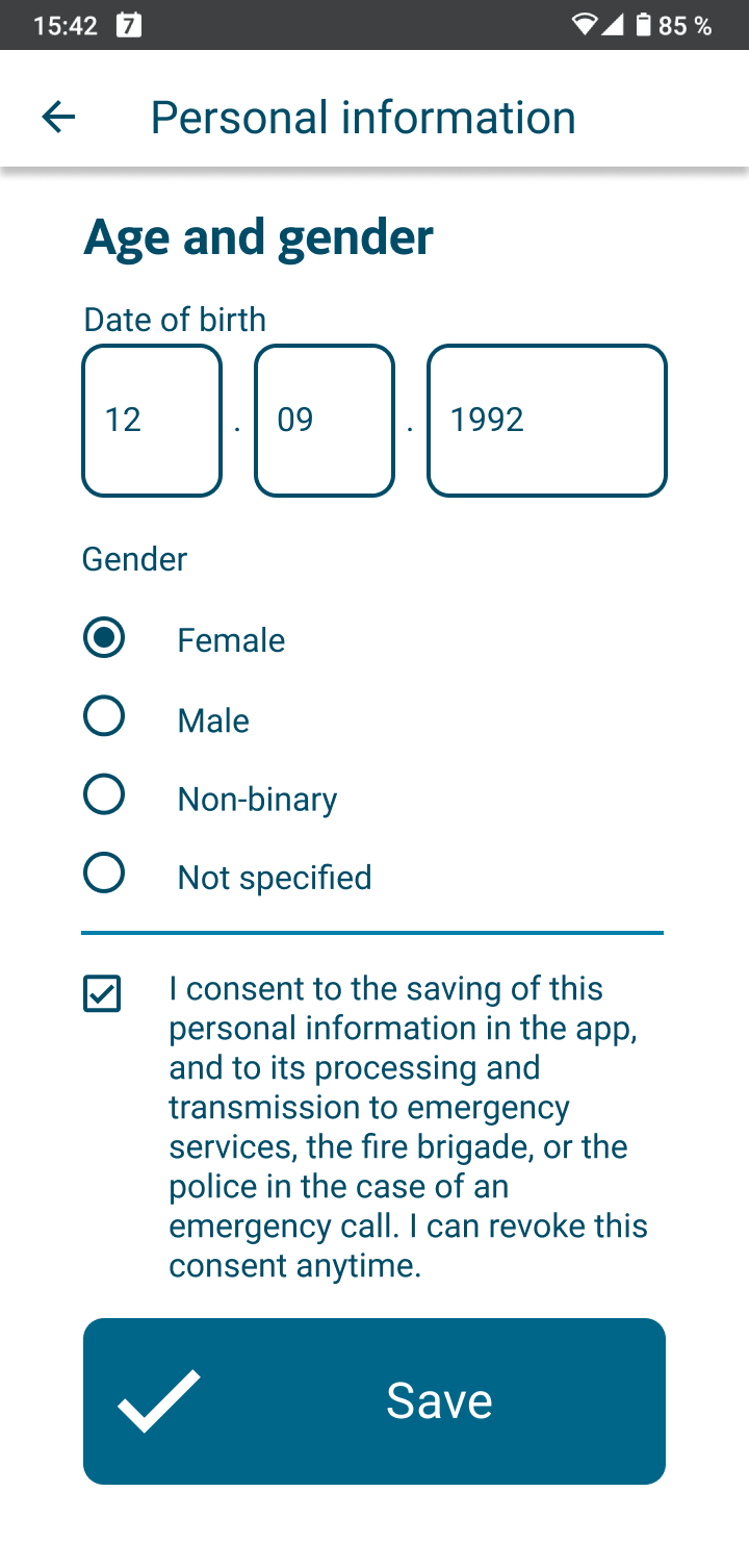 App screen for entering your date of birth and your gender in the personal information