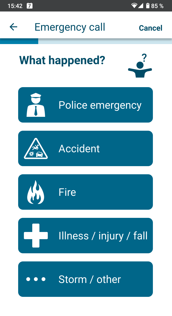 App screen for specifying the emergency address by selecting one of five possible answers