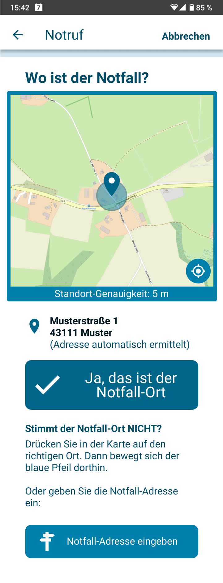 App-Screen zur Ermittlung des Notfall-Orts