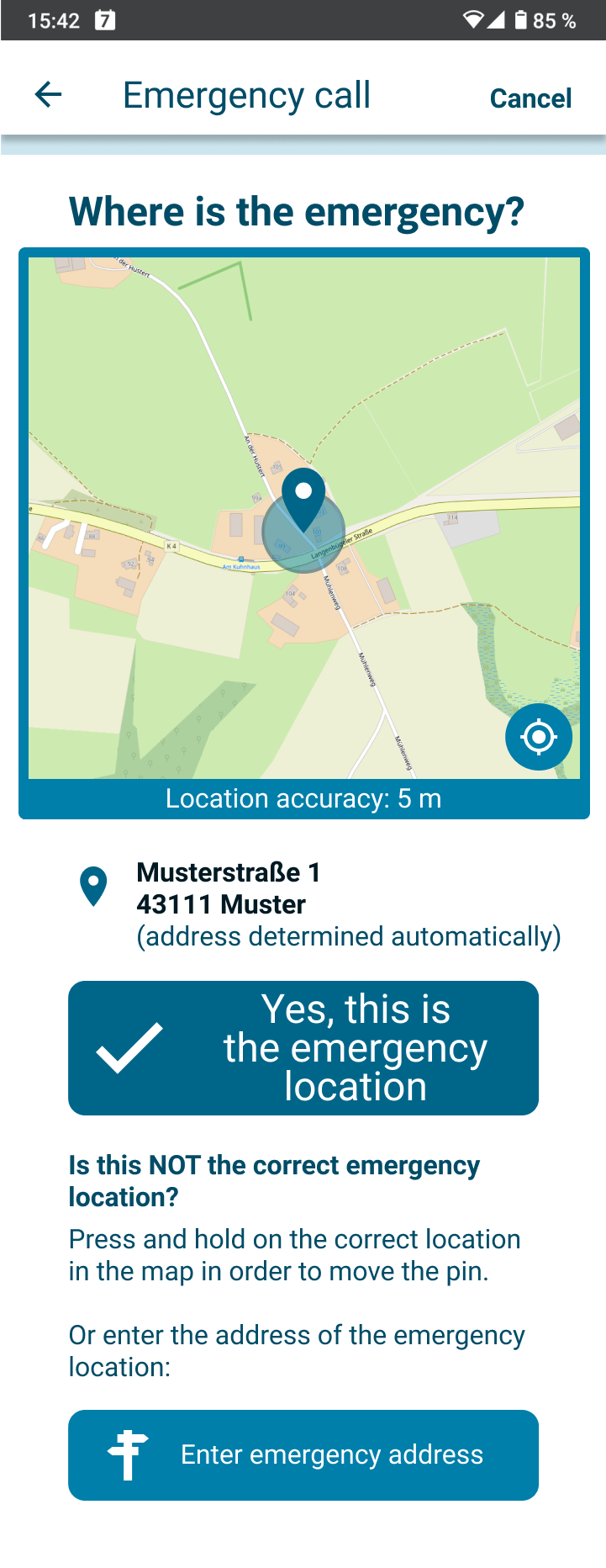 App screen with map and address of your emergency location as detected by your mobile device