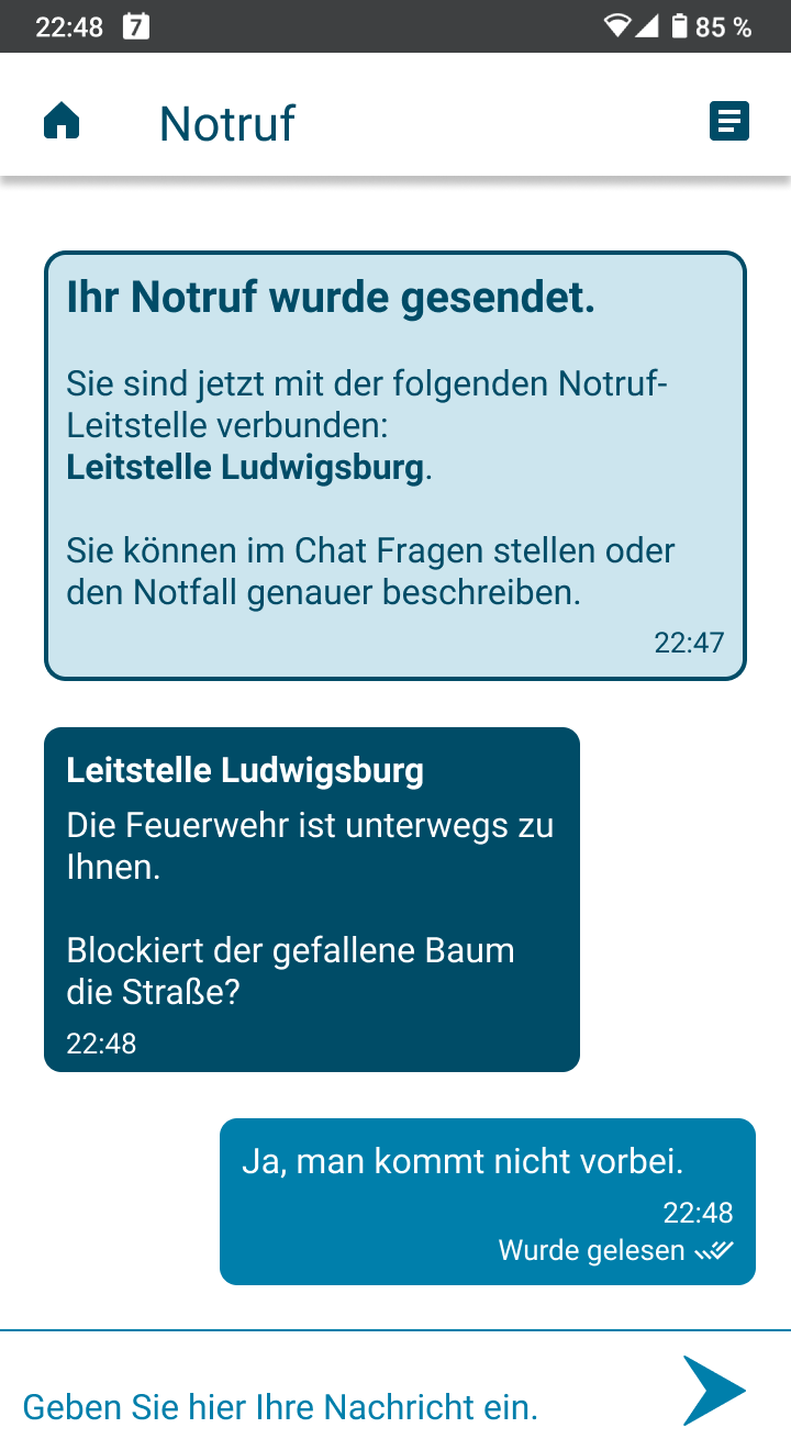 Auf diesem Bildschirm sehen Sie den Chat mit der Einsatz-Leitstelle.