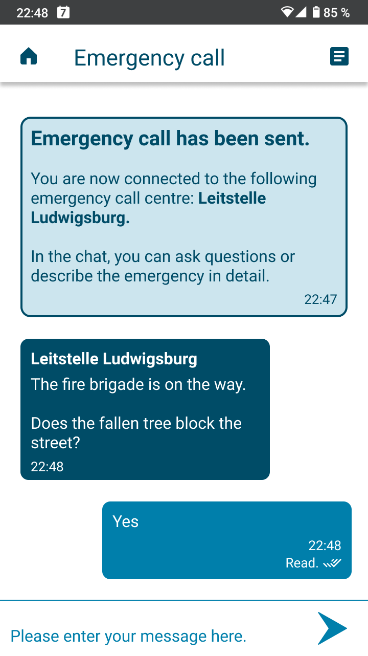 App screen with a chat window for communicating with the emergency control centre