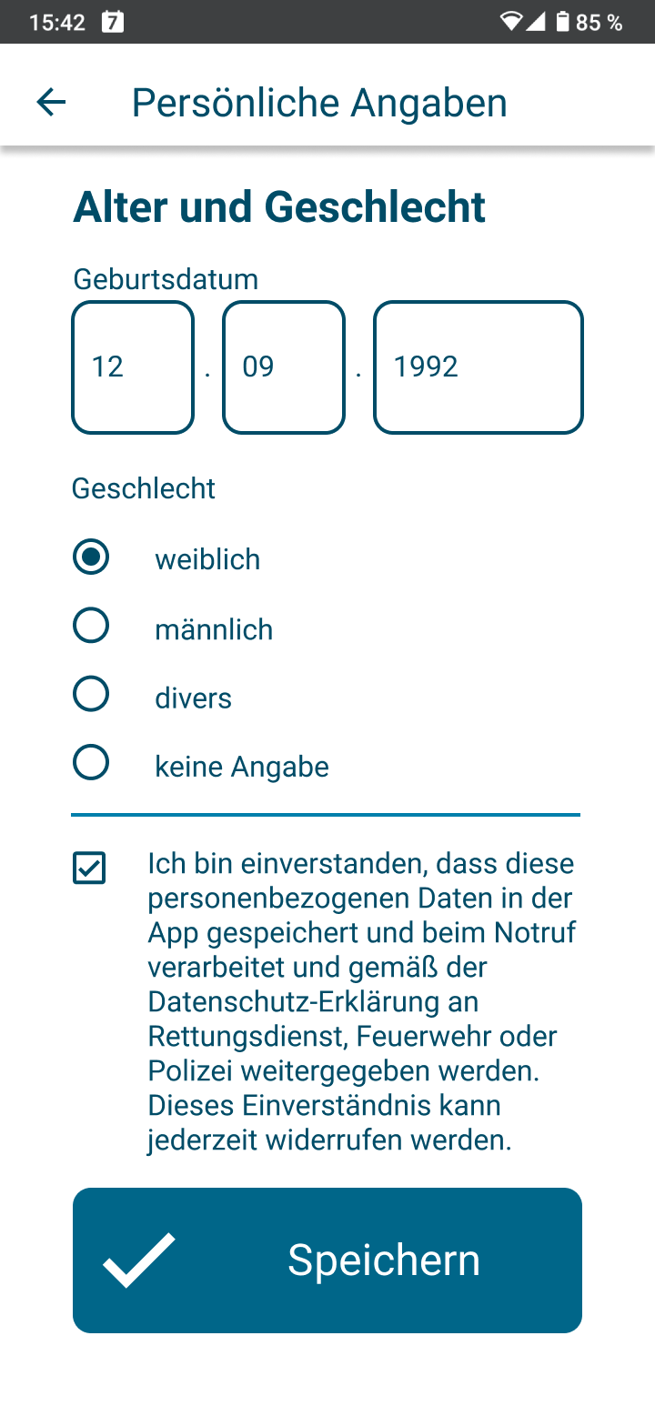 Auf diesem Bildschirm sehen Sie das Feld: Geburtsdatum. Sie können auch Ihr Geschlecht angeben.