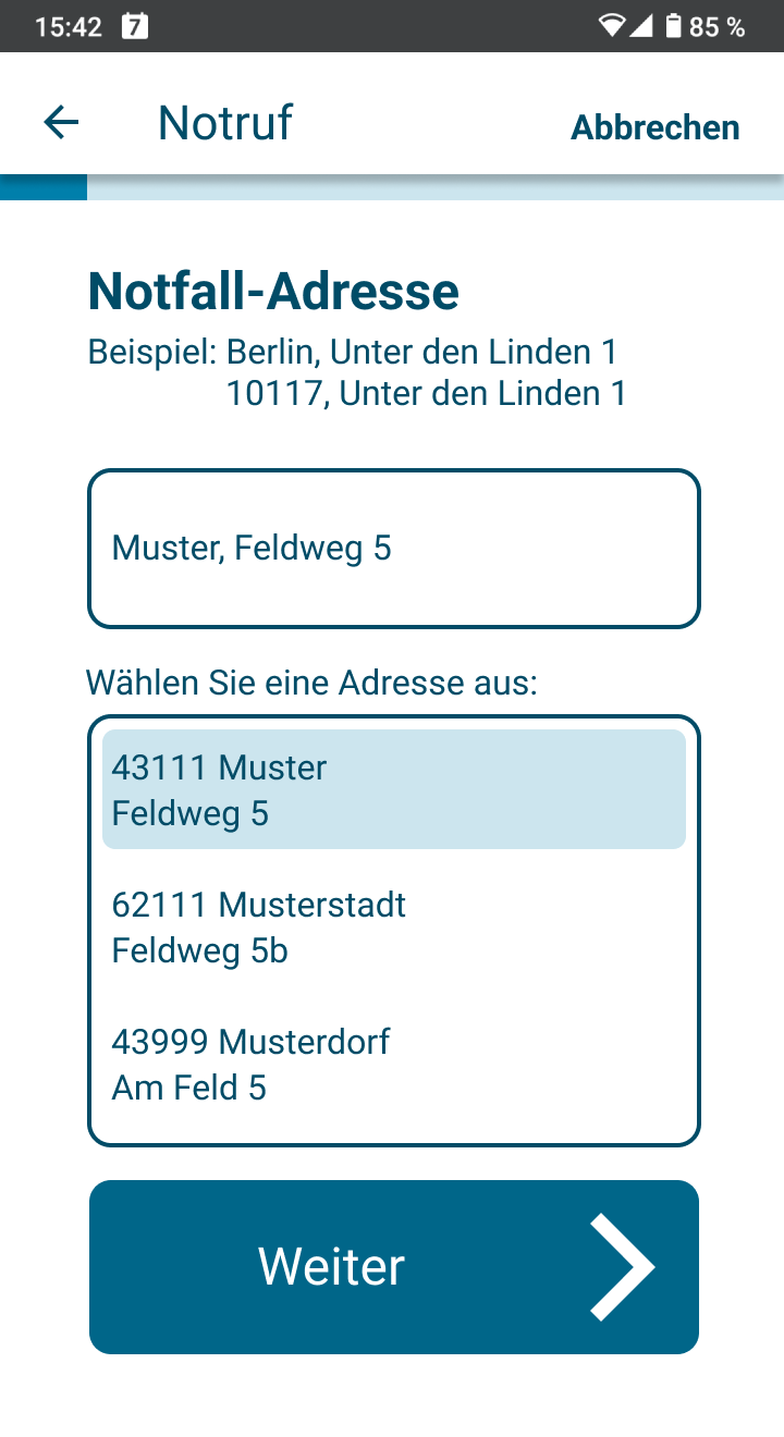 Auf diesem Bildschirm können Sie eine Adresse eingeben. Danach können Sie die richtige Adresse aus einer Liste auswählen.