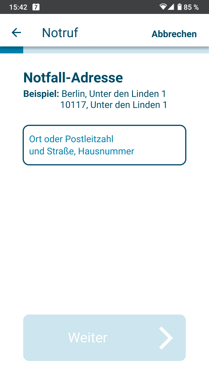 App-Screen zur Angabe einer Notfall-Adresse