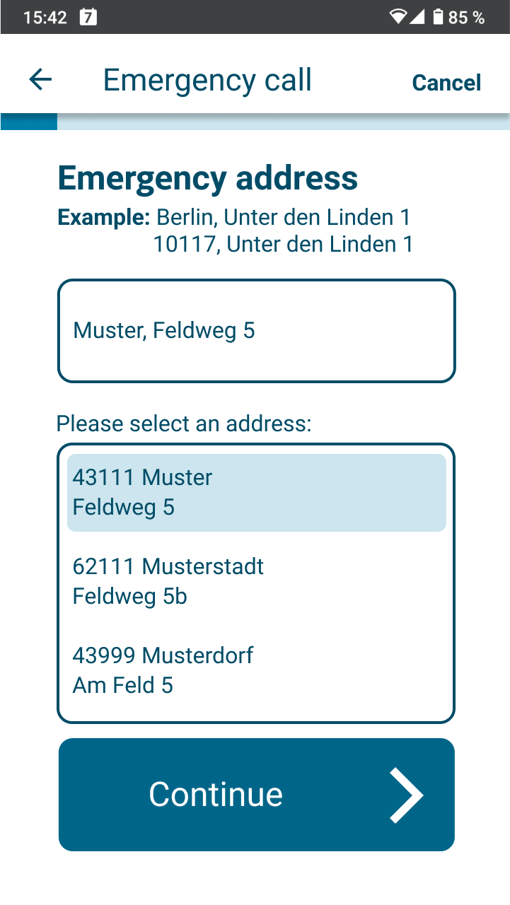 App-Screen zur Angabe einer Notfall-Adresse
