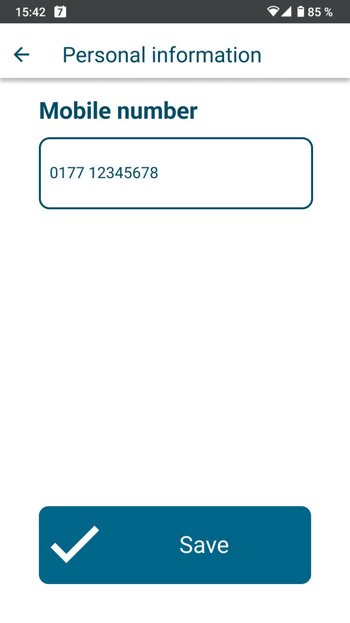App scren for changing your mobile phone number in the personal information