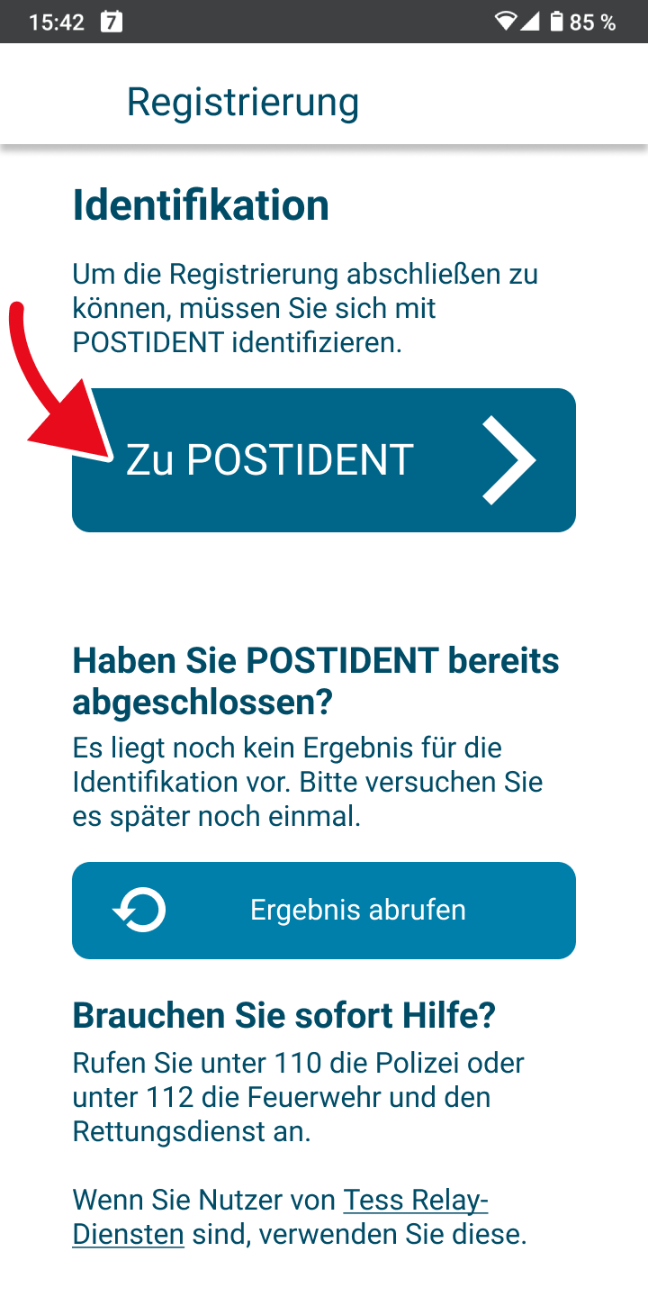 Auf diesem Bildschirm sehen Sie den Button "Zu POSTIDENT". Sie können hier auch das Ergebnis von POSTIDENT abrufen. Das funktioniert nach der Identifikation mit POSTIDENT.